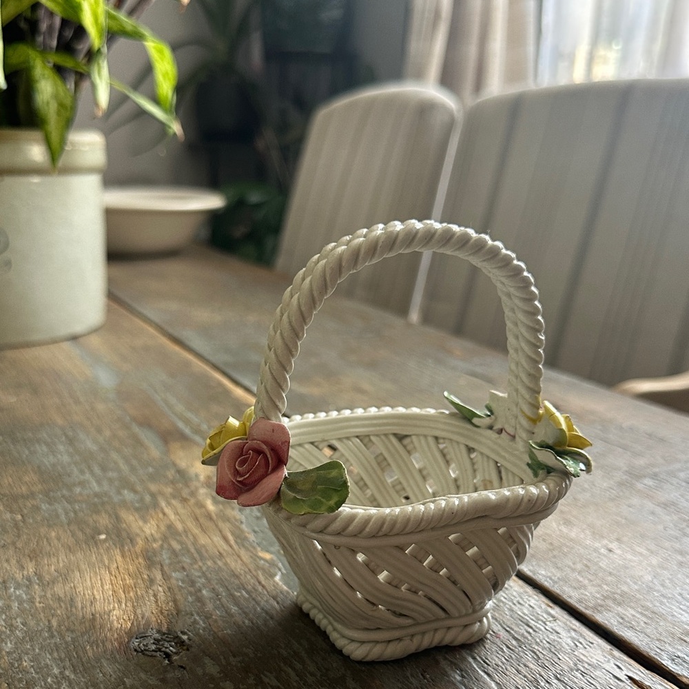 Vintage Capodimonte Woven Basket with Floral Accents